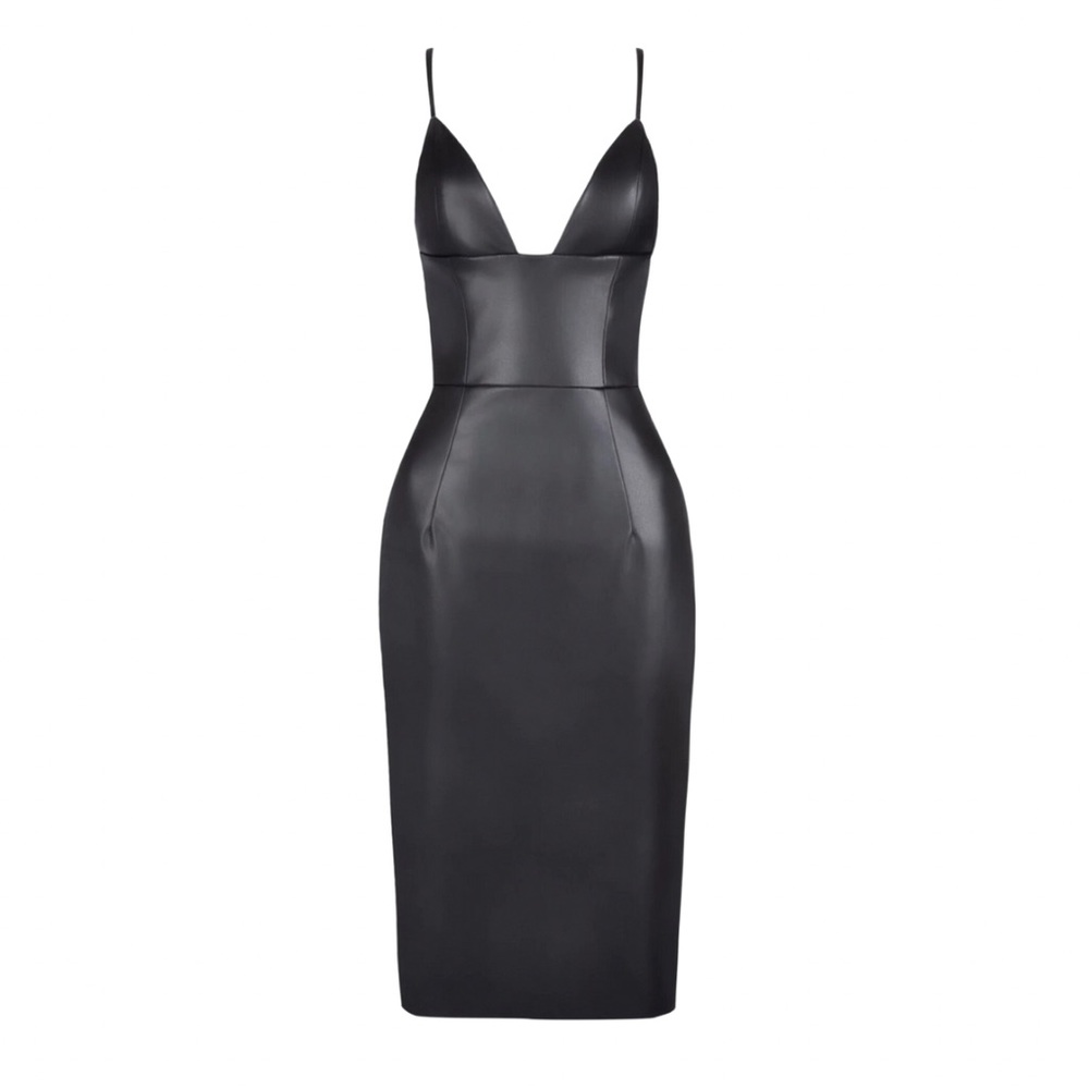 HEIRESS Beverly Hills Black vegan leather plunge midi dress
